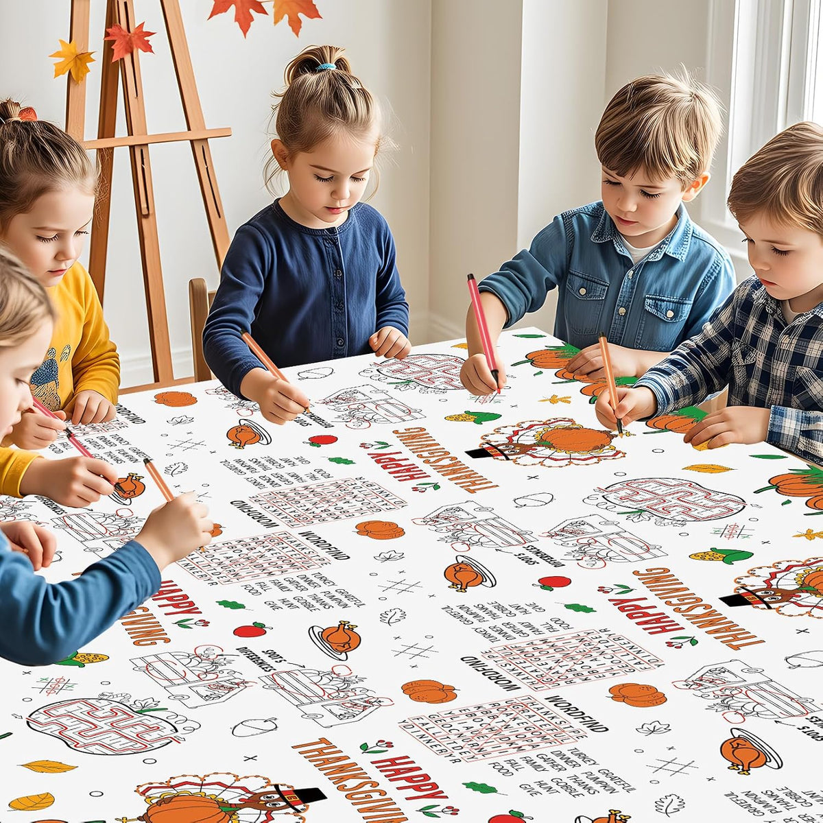 Litmitfu Thanksgiving coloring paper tablecloth with turkeys, pumpkins and games - view 6