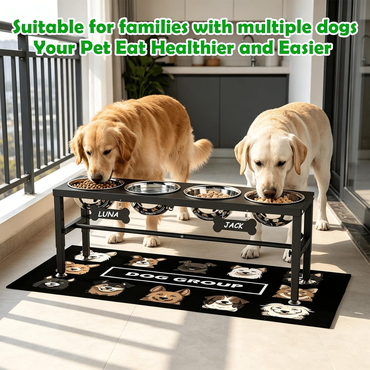 SHAINFUN Elevated Dog Bowls with Slow Feeder & Mat for Medium - Black-1.7L-Four - image 3