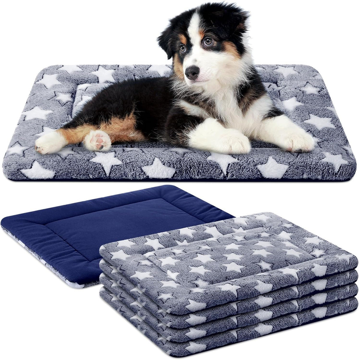4 Pcs Dog Crate Pads Soft Warm - Rectangular 18 x 24 x 1.6 Inch / Star / Blue