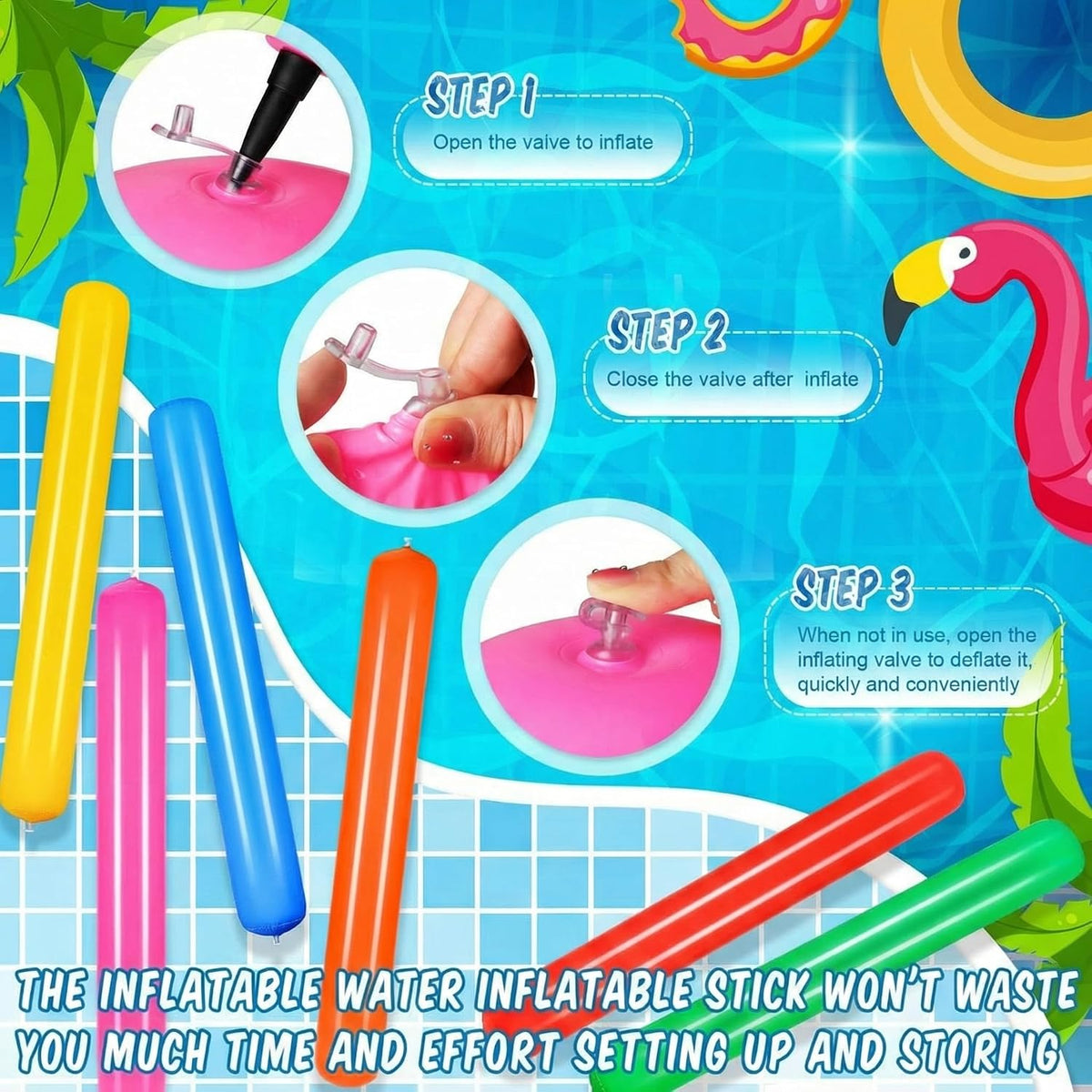 Sosation six inflatable pool noodles in red, yellow, blue, orange, green and pink - view 4