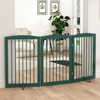 Freestanding Pet Gate for Dogs, Foldable Wooden Dog Gate for House Indoor, Step Over Pet Puppy Safety Fence for Stair, Doorway,Hall, Support Feet Included,3 Panels 32",Green