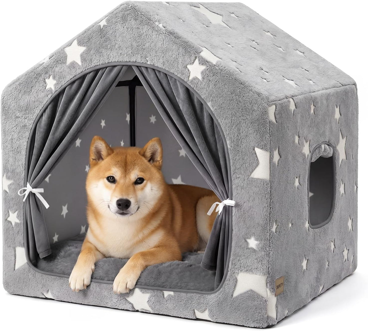 Indoor Dog House with Frame, Cute Dog Tent Bed with Cover Cave - Large ( 25" × 25" × 25" ) / Gray with flannel
