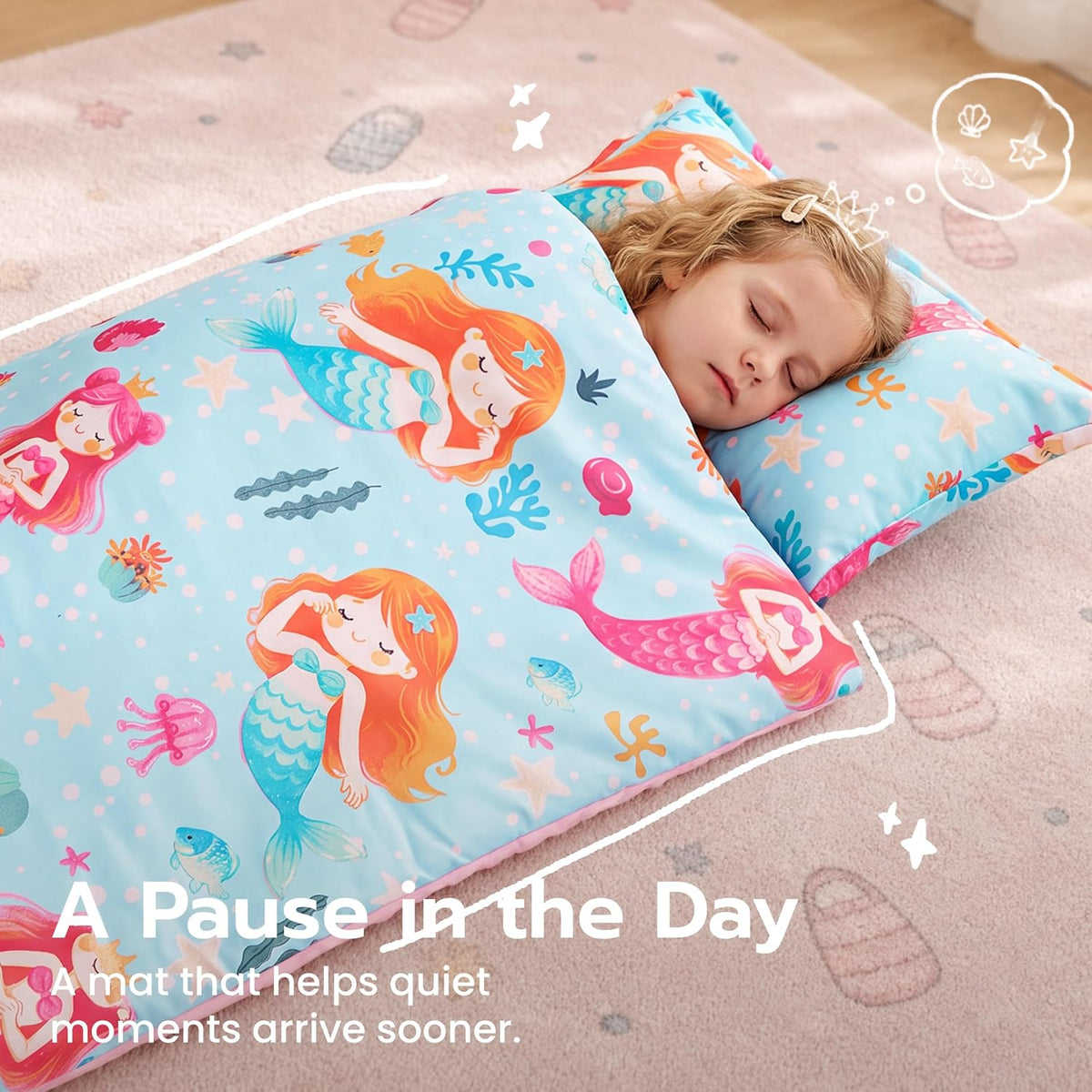 JOIEDOMI Toddler Nap Mat with Removable Pillow and Minky Blanket - Blue Mermaid - image 4