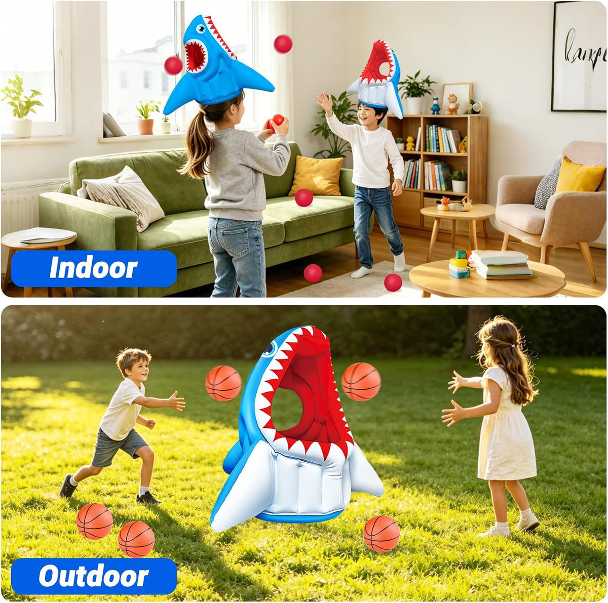 Hymaz inflatable blue octopus pool toy with basketball hoop, balls and ring toss rings - view 4