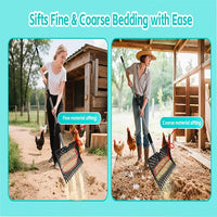 12-Inch 2-in-1 Chicken Poop Scooper & Rake – US Patent Pending – 3-Shape Sifting Holes Chicken Coop Rake，Stainless Steel Handle （20–61"）– Litter Scoop Sand & Sifting Shovel for Chicken Coops (Black)