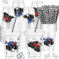 Teenyyou 12 oz clear plastic party cups with dirt bike design, lids and paper straws - view 3
