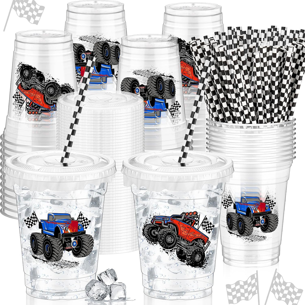Teenyyou 12 oz clear plastic party cups with dirt bike design, lids and paper straws - view 3