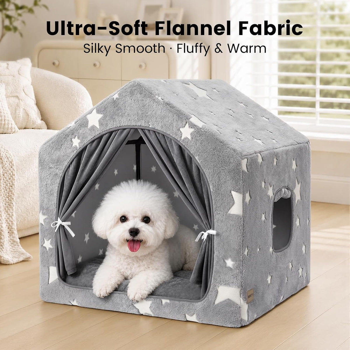 Indoor Dog House with Frame, Cute Dog Tent Bed with Cover Cave - Medium ( 17" × 17" × 17" ) / Gray with flannel - image 2