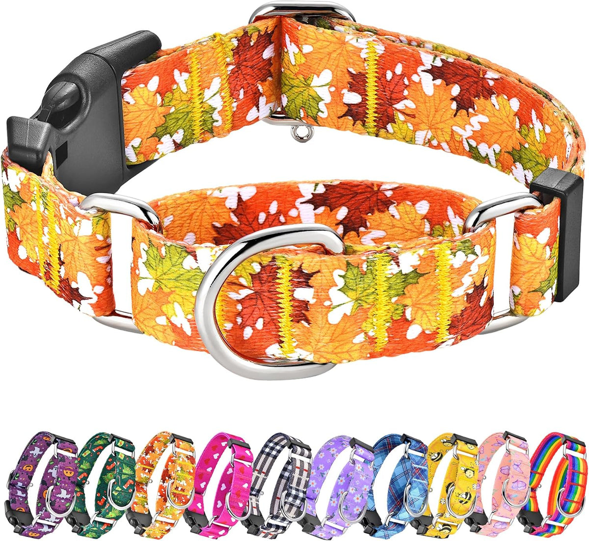 Martingale Dog Collar with Buckle - Orange Leaves / Small