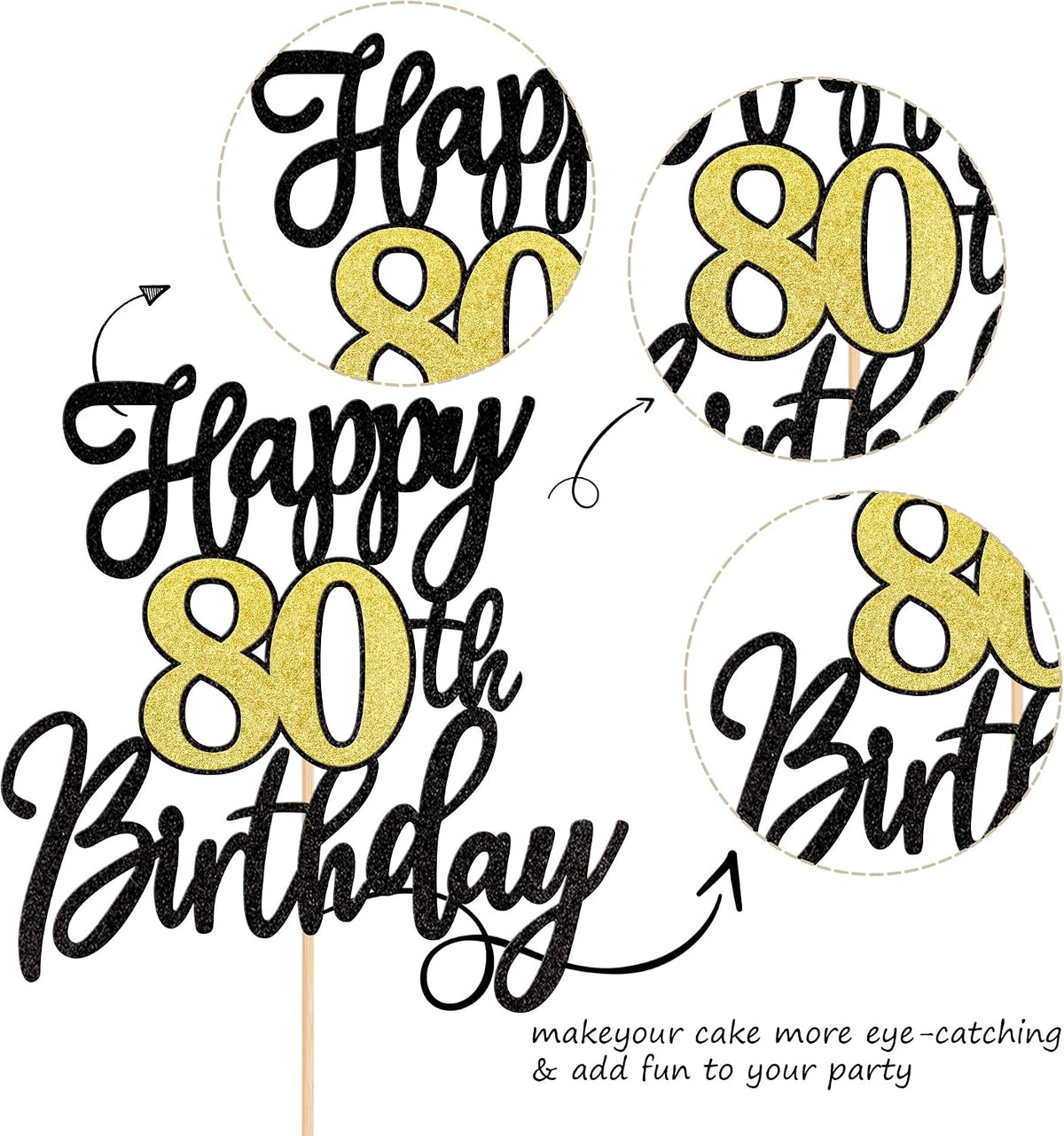 1 PCS Happy 60th Birthday Cake Topper Black Gold Glitter Cheers to 60 - 80th - image 3