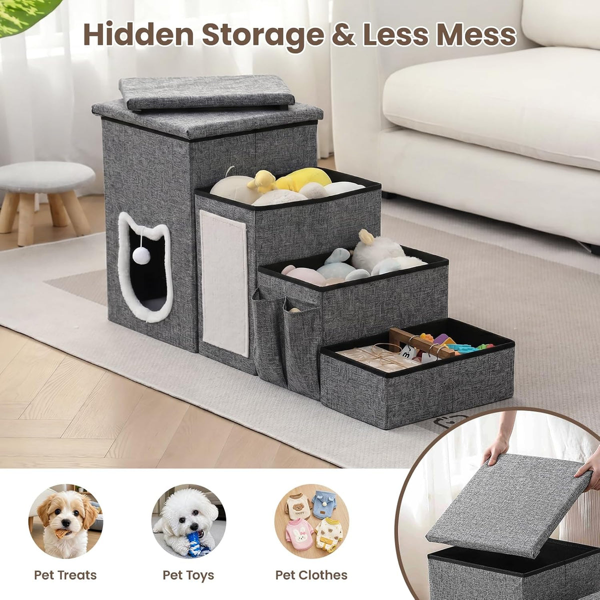 17" H Cat Stairs for Old Cats, Doggie Steps for Small Dogs - Grey / 4-Step - image 3