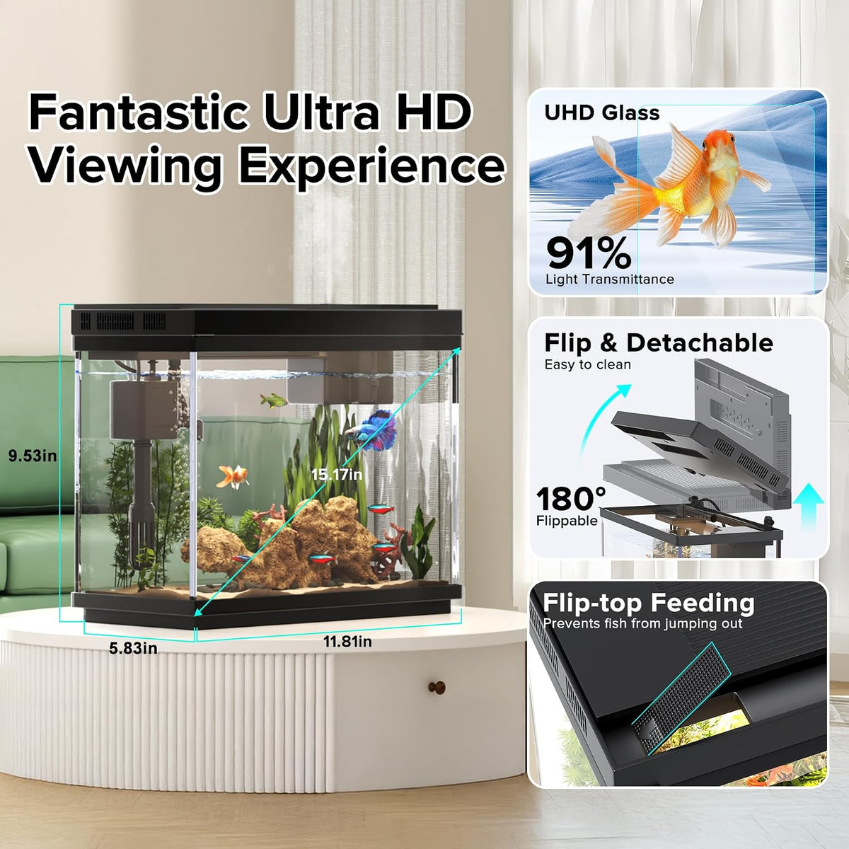 Fish Tank, 2.4-Gallon Aquarium Starter Kit with 3-in-1 Quiet Pump – Essentials for Fish - Black - image 4