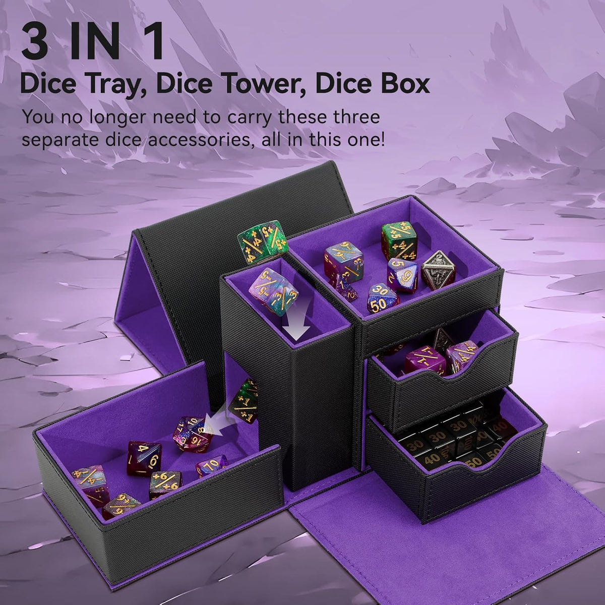 Stepane dice tray and dice tower storage box in black and red PU leather with drawers - view 32