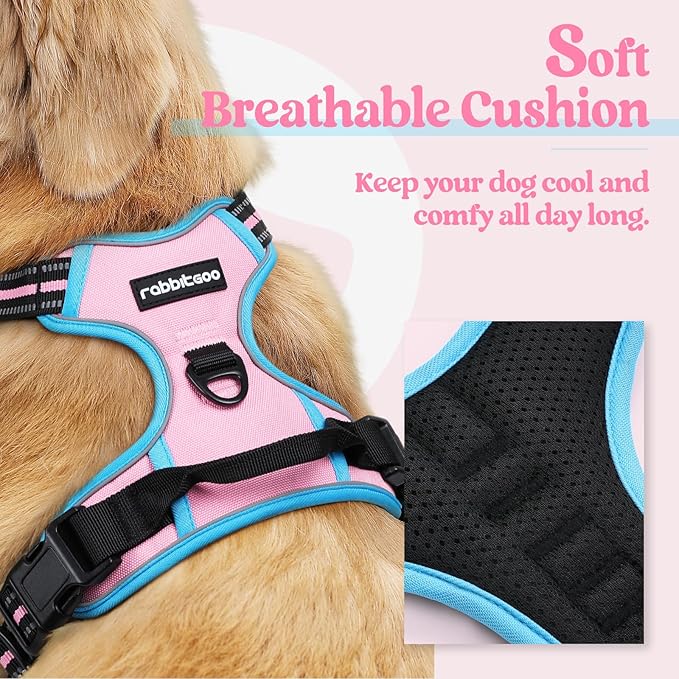 rabbitgoo Dog Harness No Pull with 2 Leash Clips, Adjustable Soft Padded, Reflective Oxford No Choke Pet Vest with Easy Control Handle for Large Dogs, Pink & Blue, L