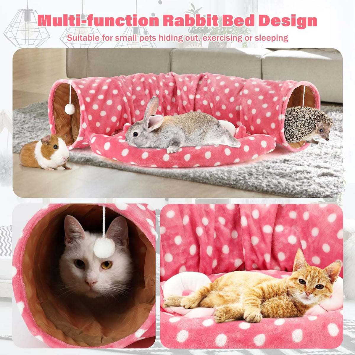 Bunny Tunnel Bed, 2-in-1 Collapsible Rabbit Tunnel Hideout with Mat – Essentials for Small Pets - Pink - image 4