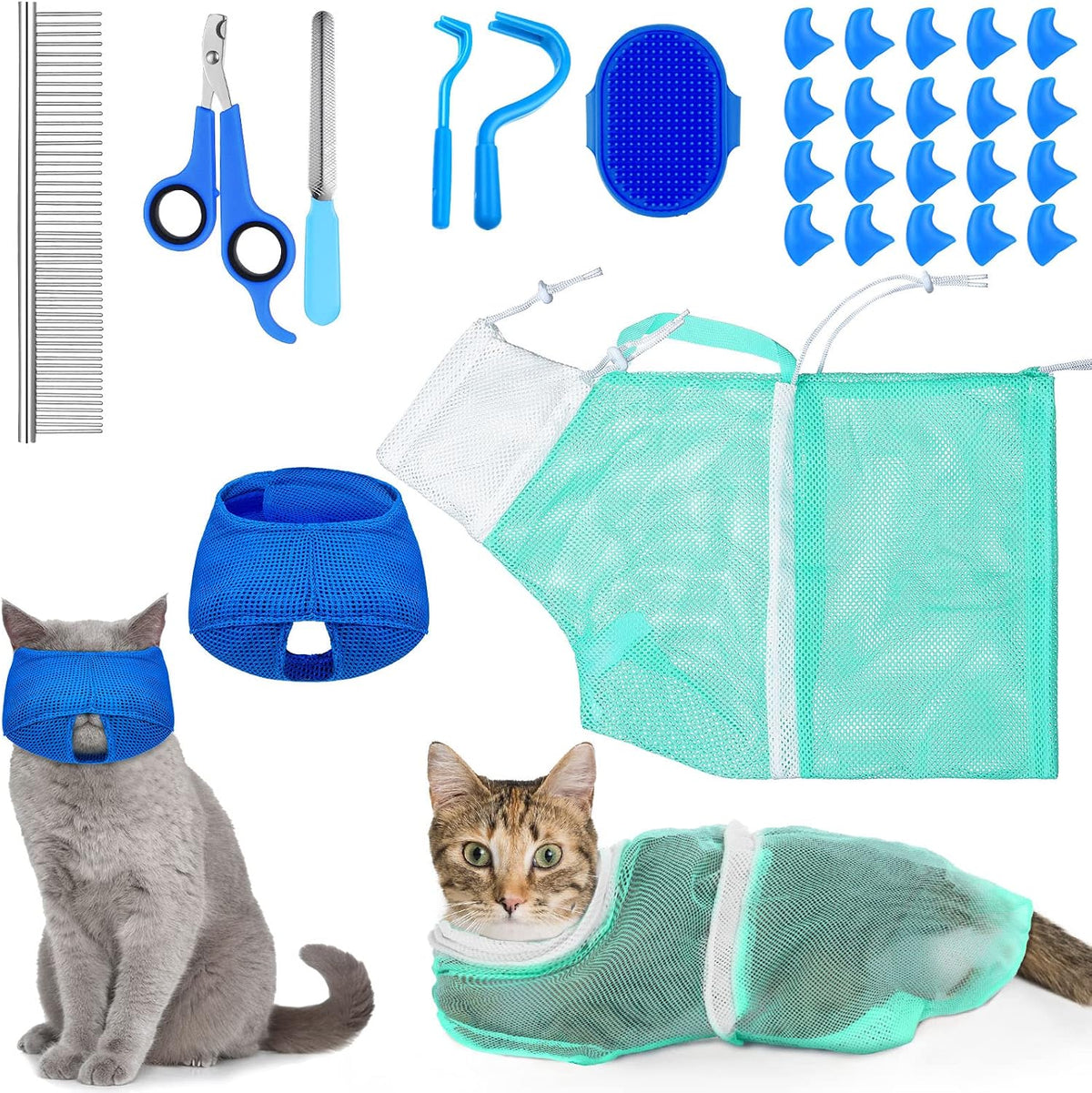 9 Pcs Cat Bathing Bag Set Cat Shower Bag - Blue, Turquoise