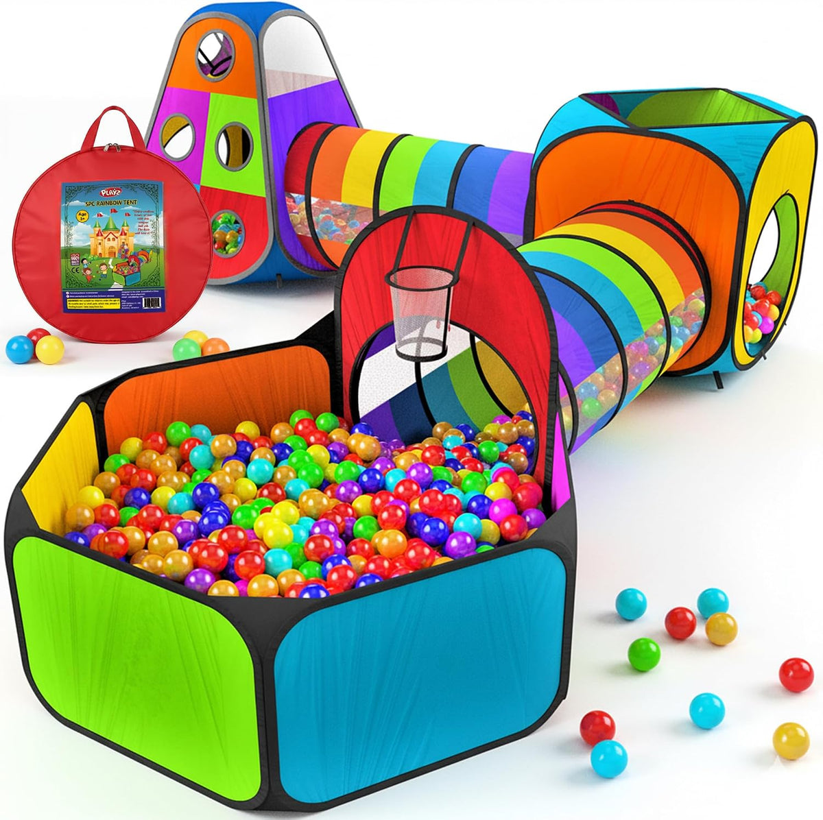 Playz 5pc Pop Up Play Tent and Crawl Through Tunnels for Kids w/Carry - Rainbow Multicolor