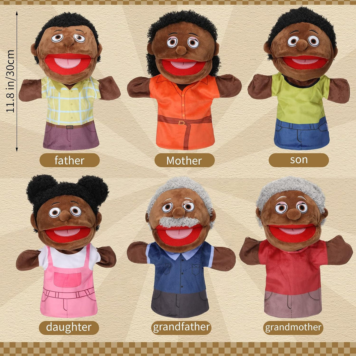 Lenwen 6 African American family hand puppets with movable mouths and colorful clothes - view 11