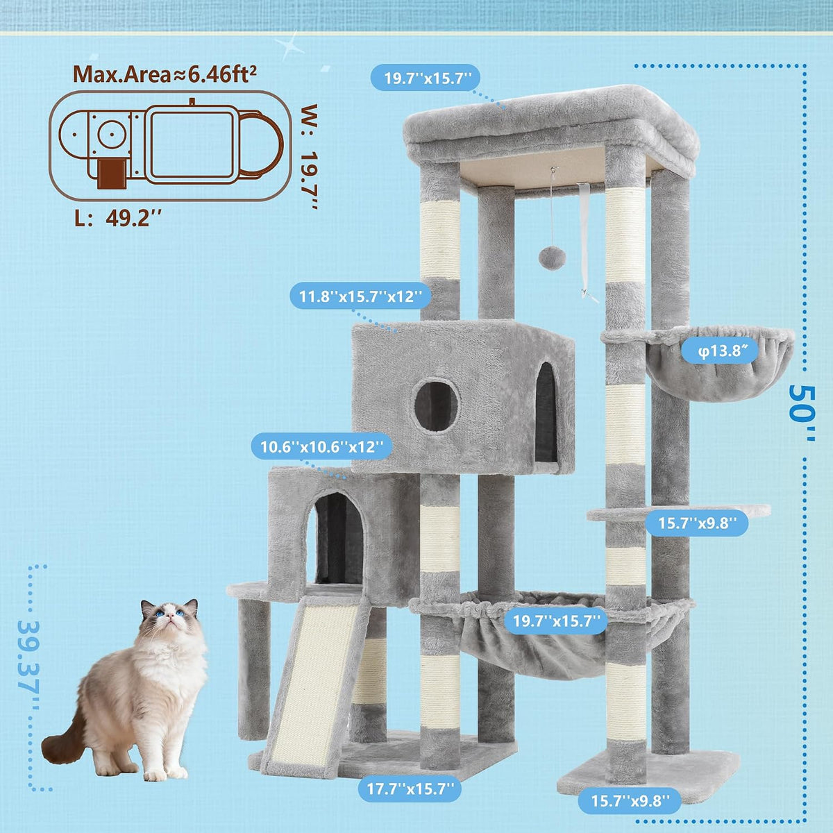 Hey-brother Cat Tree Tower with 3 Condos - 50 inches / Light Gray - image 2