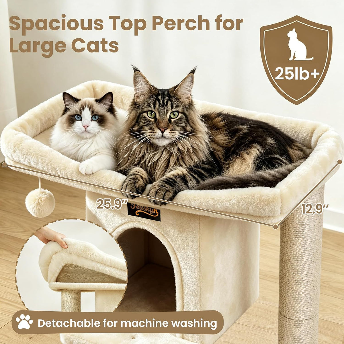 Cat Tree Tower Scratching Post for Indoor Large Adult Cats with Perch - Beige / 28 Inches - image 2