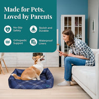 Orthopedic Bolster Dog Bed – CertiPUR-US Foam, Recycled Polyester Canvas, Washable Cover, Anti-Slip Bottom, Small, Navy Plaid – Stylish Designer Dog Sofa