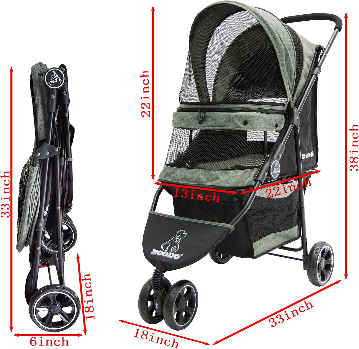 ROODO 3 Wheel Dog Pet Cat Stroller Best Lightweight Foldable Compact - Cationic ash - image 3