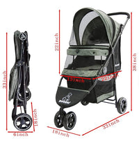 ROODO 3 Wheel Dog Pet Cat Stroller Best Lightweight Foldable Compact Portable Jogger All Terrain Travel Pet Gear Puppy Kitty Stroller for up to 30lbs Medium Small Dogs and Cats(Cationic ash)