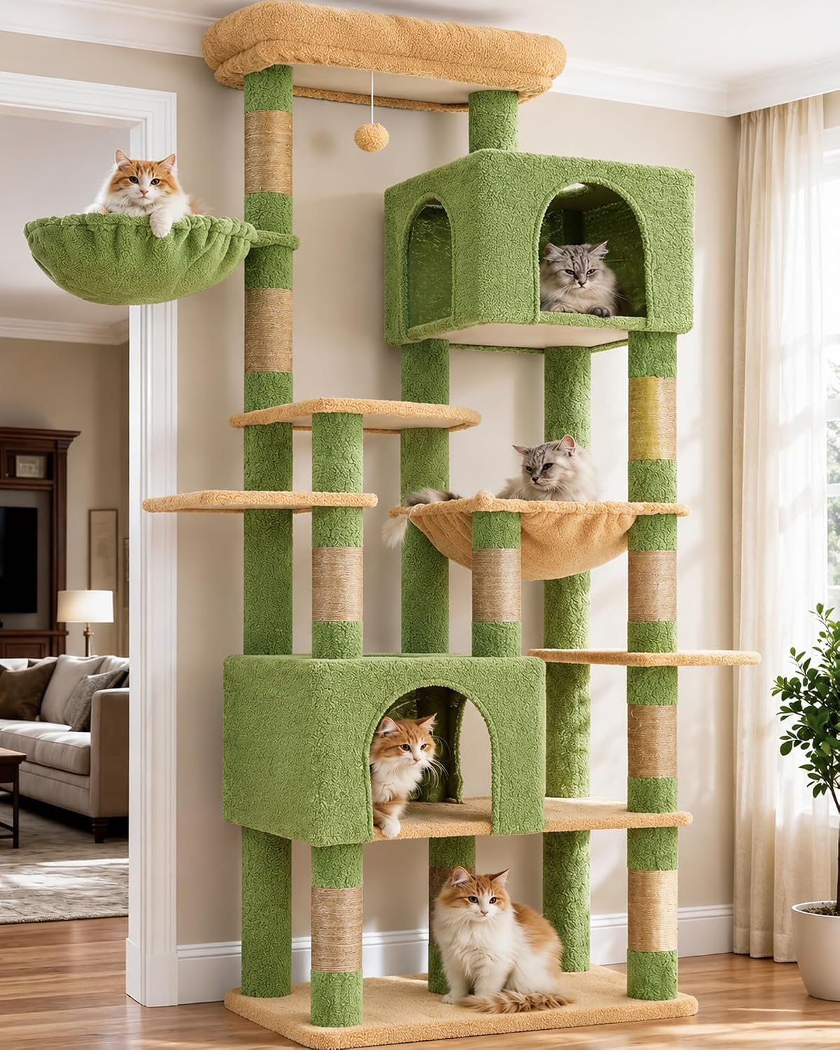 Heybly Cat Tree, 76-Inch Tall Heavy Duty Cat Tower for Big Cats HCT039G – Essentials for Cats - Green and Yellow / 76.8 inch