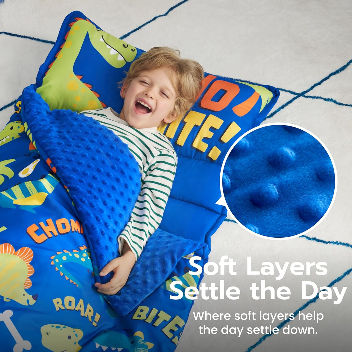JOIEDOMI Toddler Nap Mat with Removable Pillow and Minky Blanket - Blue Dinosaur - image 2