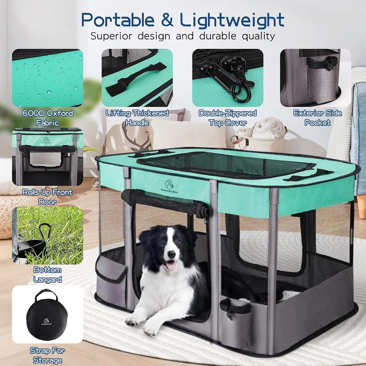 ROMANTIC BEAR Dog Playpen, Foldable Pet Puppy Cat Playpen, L - Green / Medium(31"x23"x21") - image 3