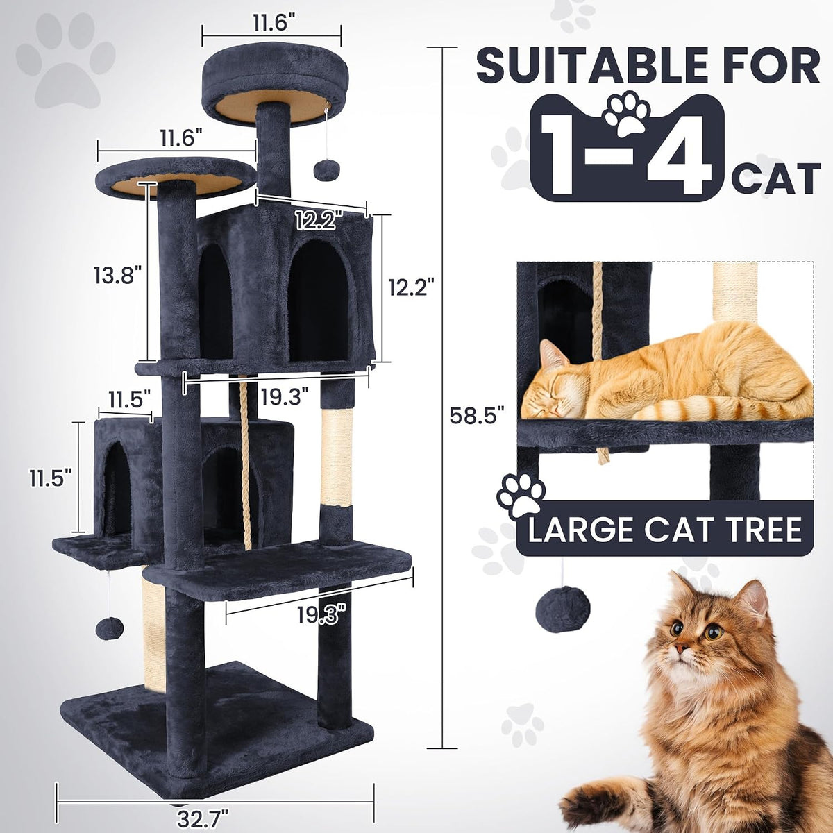 58.5inch Large Cat Tree Tower Condo for Indoor Cats - 58.5in / Light Black - image 2