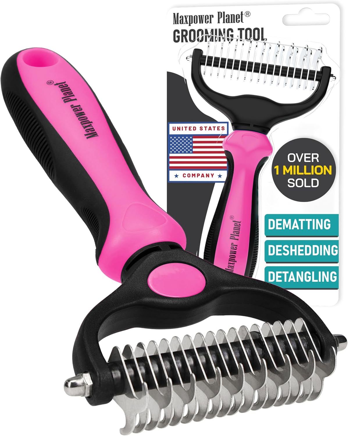 Maxpower Planet Dog Grooming Rake, Deshedding Undercoat Brush - Pink / Large