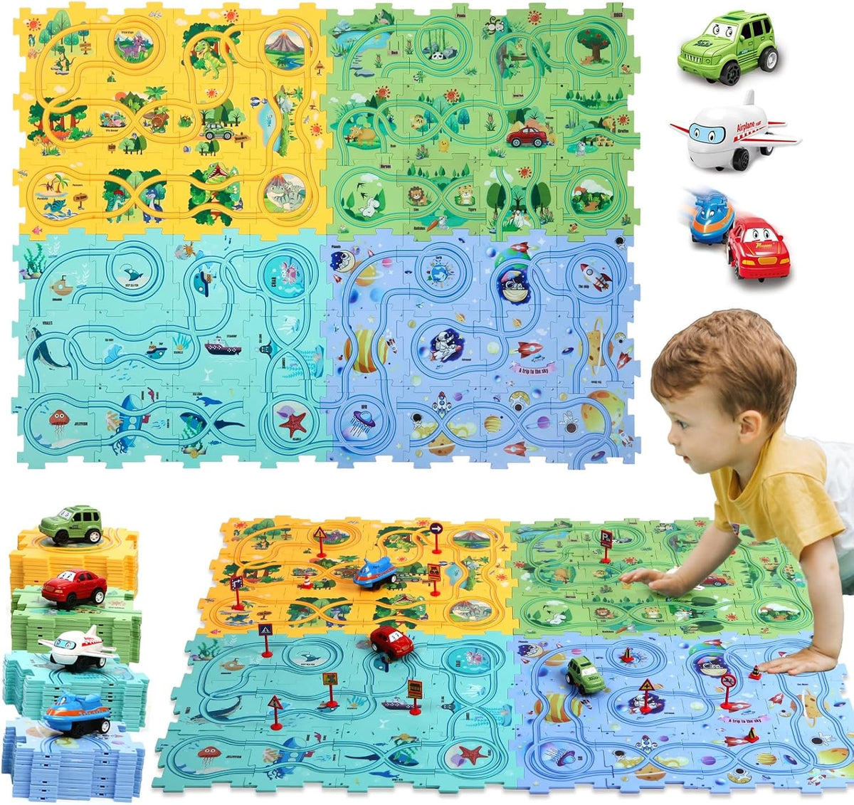 Ubegger puzzle car track set with puzzle road pieces, road signs and battery cars - view 3