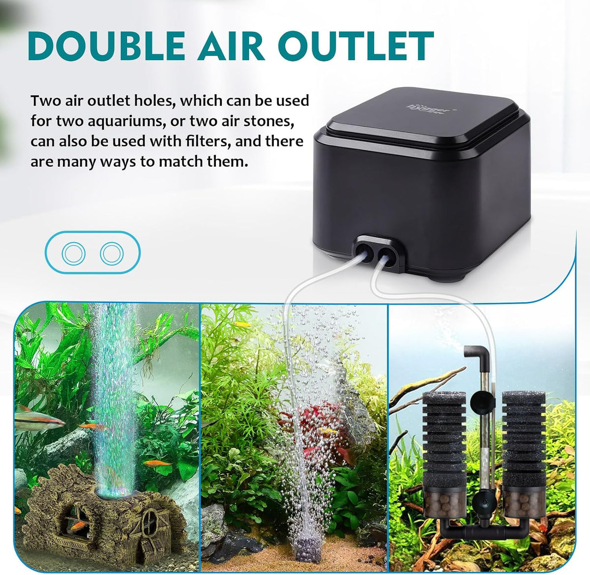 hygger Quiet <30dB Aquarium Air Pump - 3.5W,Up to 120Gallon - image 4