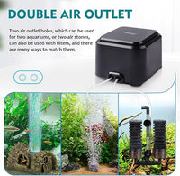 hygger Quietest Aquarium Air Pump, Adjustable Oxygen Pump 2 Air Outlets Ultra Silent Powerful Aerator Pump (3.5W,Up to 120Gallon)