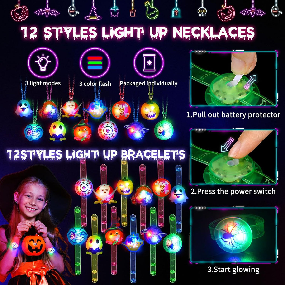 Tiaxidex 118-piece Halloween light up party favors with rings and necklaces - view 3