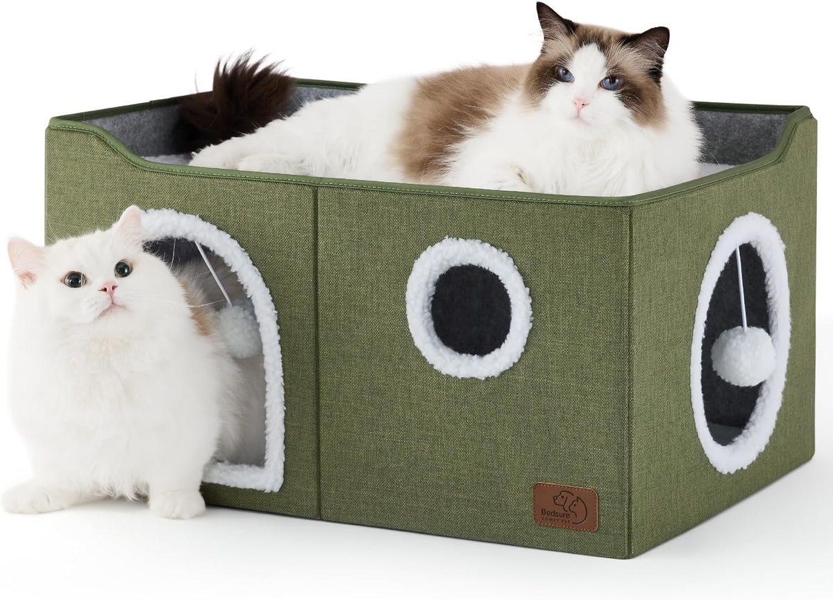 Bedsure Cat House Bed for Indoor Cats with Fluffy Ball and Scratch Pad - Loden Green / Widen