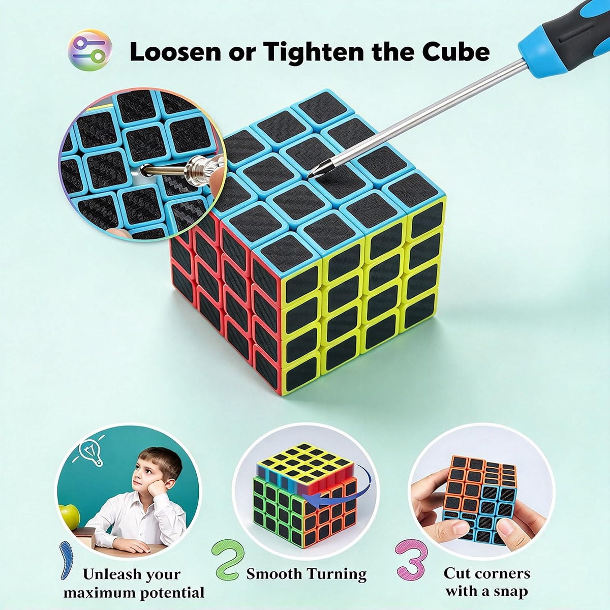 Speed Cube Set, ROXENDA 2x2 3x3 Pyramid Cube Bundle [3 Pack] – Fun for Kids & Family - 5 Pack Carbon Fiber - image 4