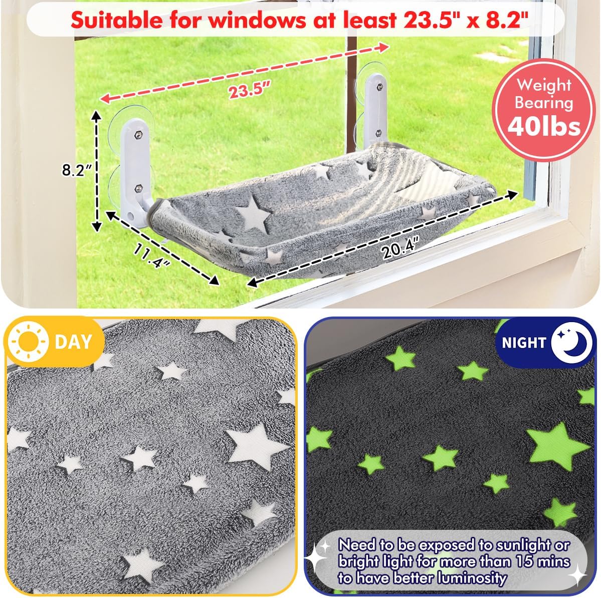 Glow in the Dark Cat Window Perch, Foldable Cordless Pet Hammock - 2PC Stars - M - image 4