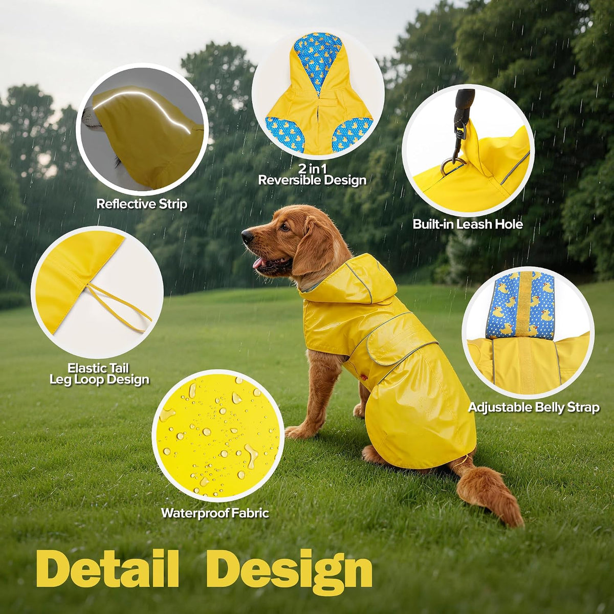 Reversible waterproof dog raincoat with reflective strips and leash hole - view 3