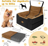 Dog Car Seat for Small/Medium Dogs, Memory Foam Dog Booster Seat, Travel Safety Per Car Seat with Washable Removable Cover, Storage Pockets for Dogs up to 35 lbs(BlackBrown)