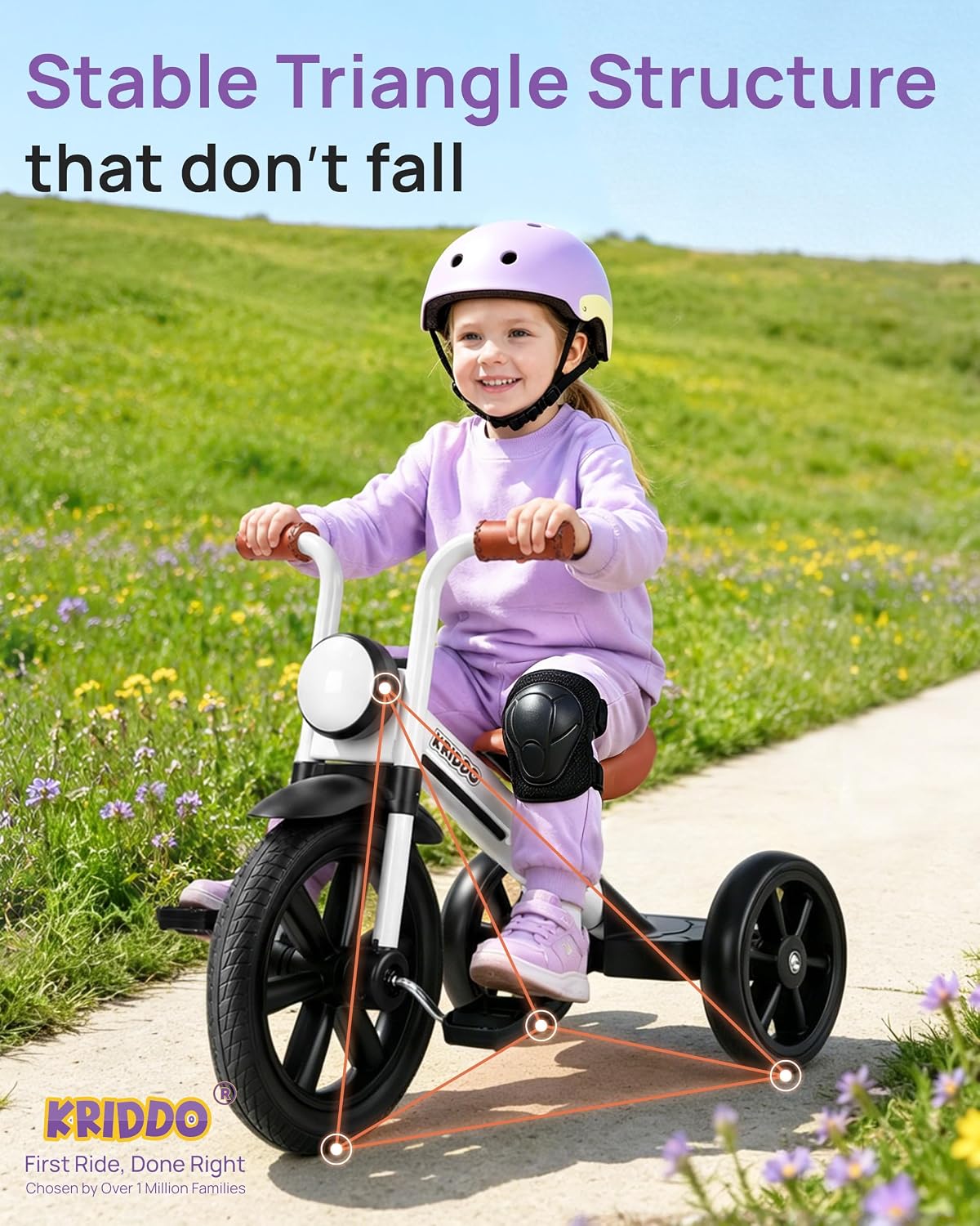 KRIDDO Tricycle for Toddlers 2-5 Years: Rubber Front Wheel - White - image 4