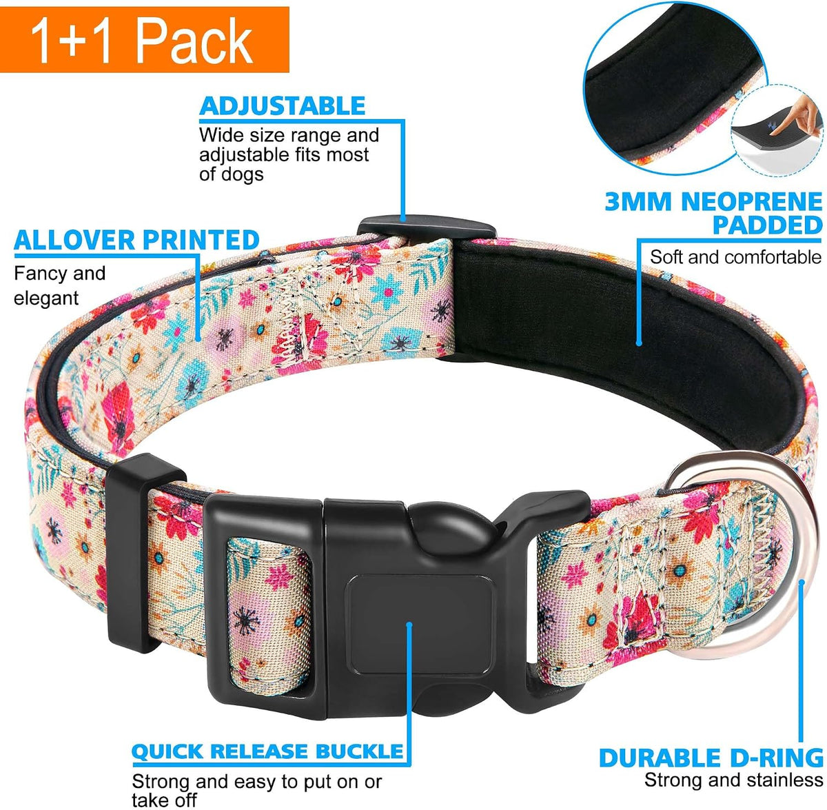 Ladoogo Reflective Dog Collar Padded with Soft Neoprene - Beige/Pink Floral / Medium - image 3