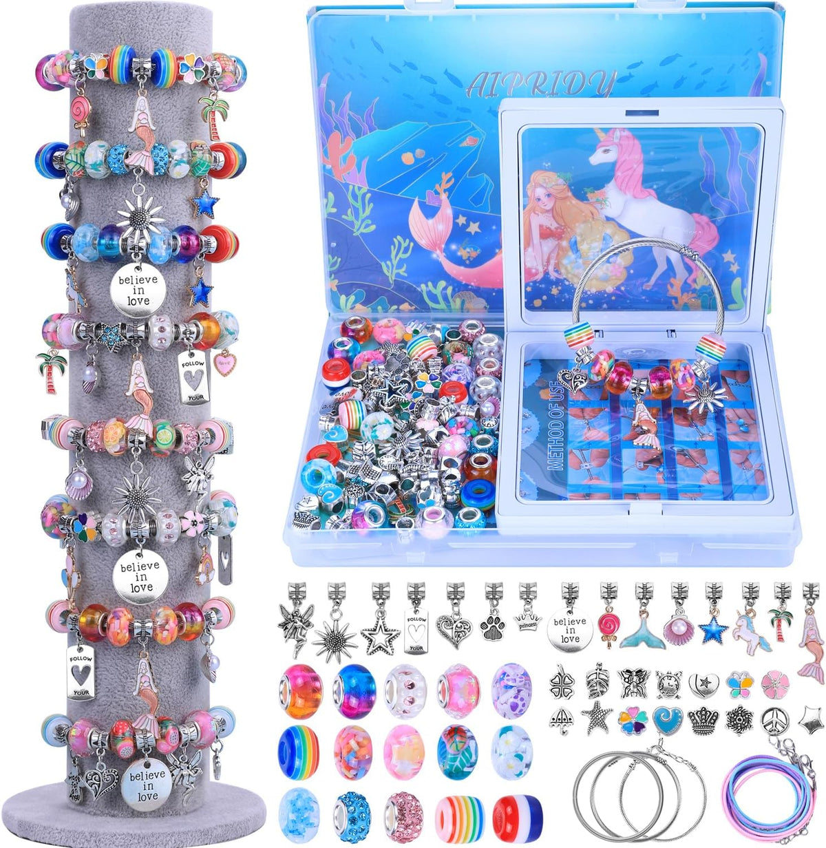 AIPRIDY 150 Pieces Charm Bracelet Making Kit - 72 Pieces Mermaid Aqua