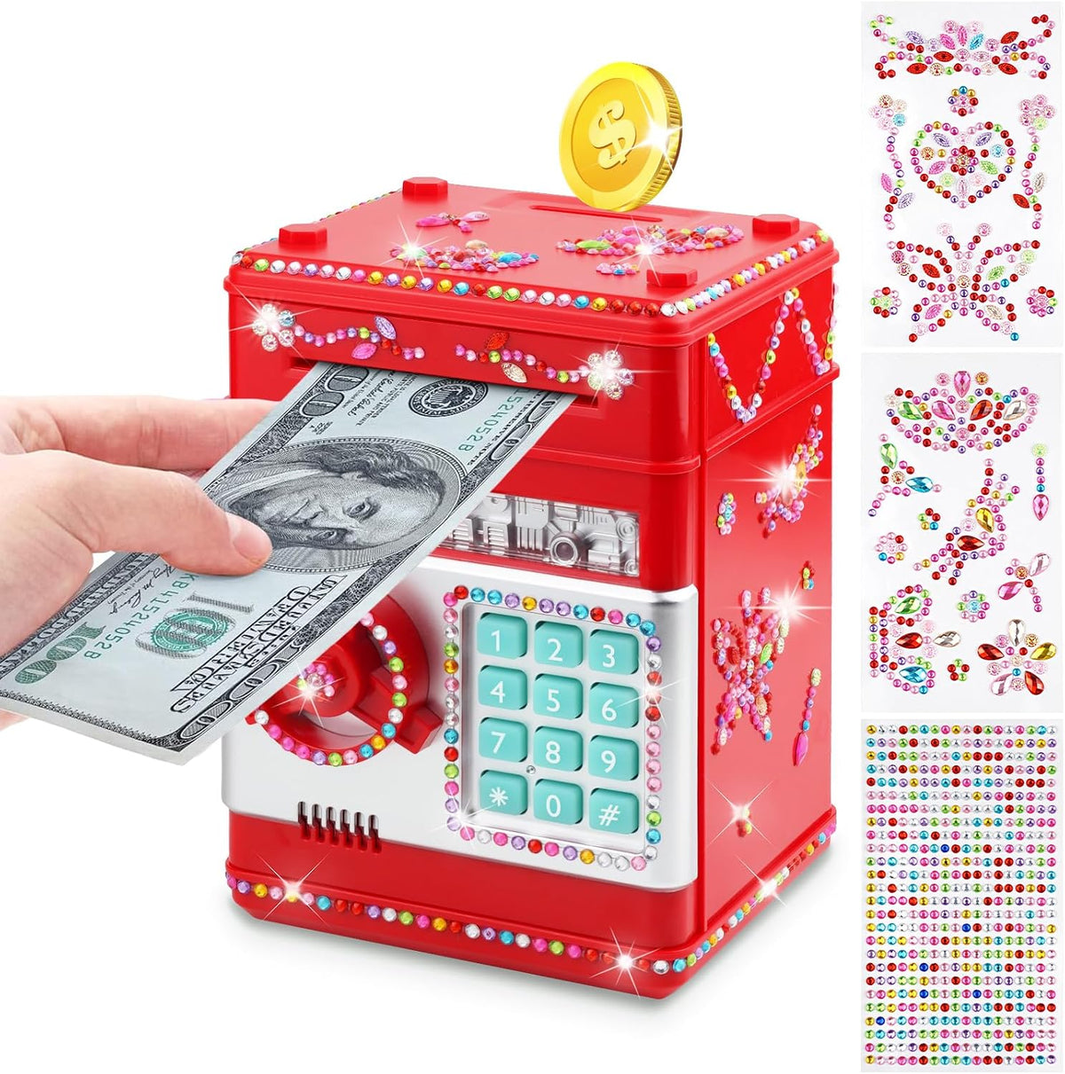 Piggy Bank for Kids Girls Boys with Password Code Lock Cash Coin Can - Red