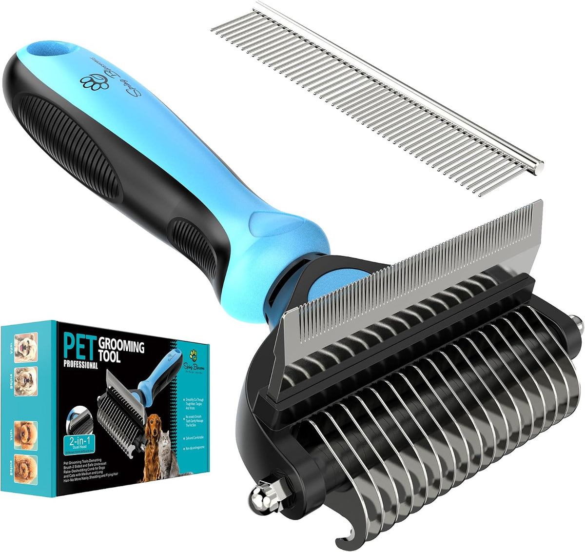 Spring Blossoms-2 in 1 Professional Grooming Rake for Cats - Blue