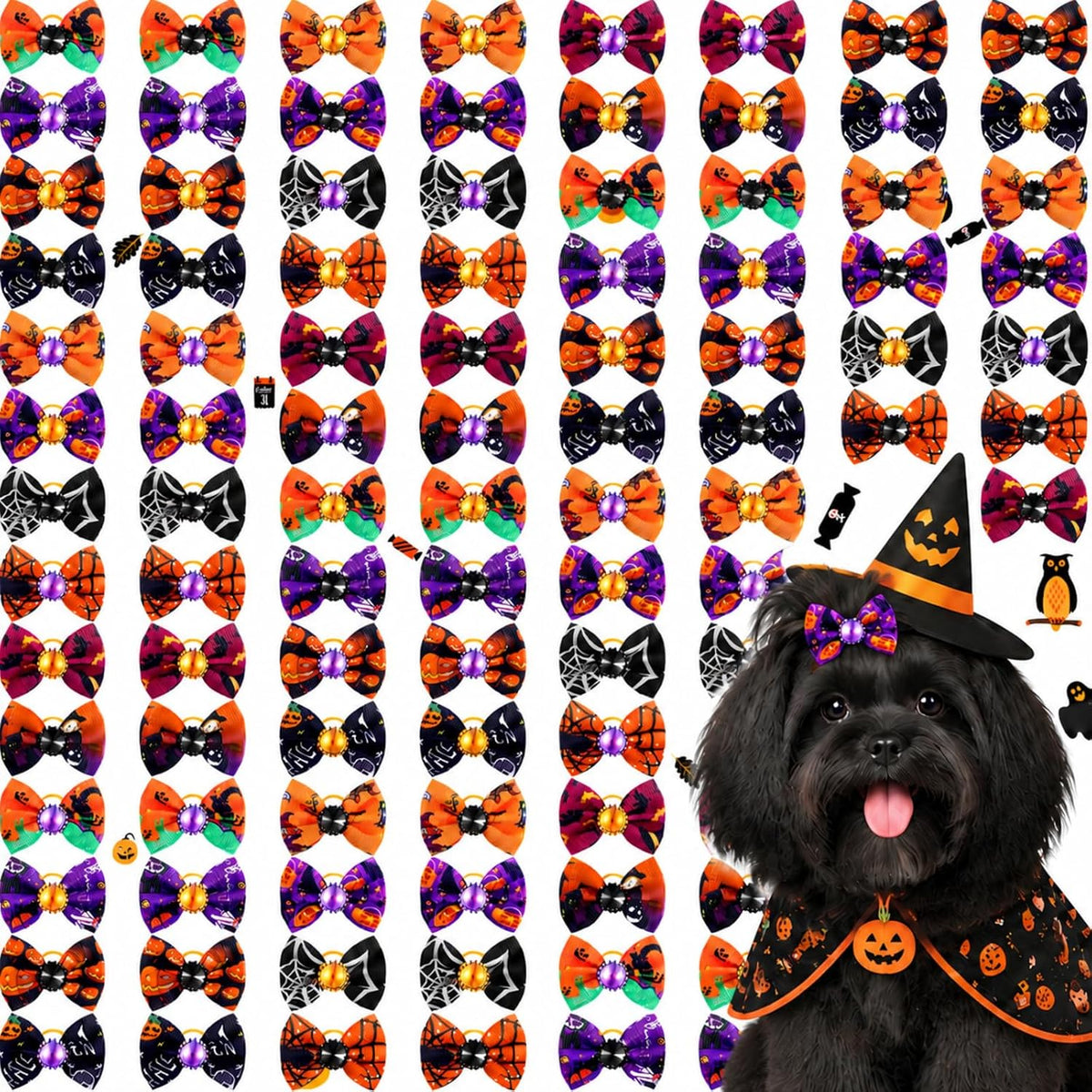 Tondiamo 100 Pack Halloween Dog Hair Bows Ghost Pattern Rubber Bands – Essentials for Dogs - Ghost Pattern