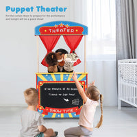 Rundad wooden puppet theater with plush curtains, chalkboard and lion and tiger hand puppets - view 2