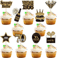 36PCS Happy 80th Birthday Cupcake Toppers Double Sided Black Gold - Vintage / 70th