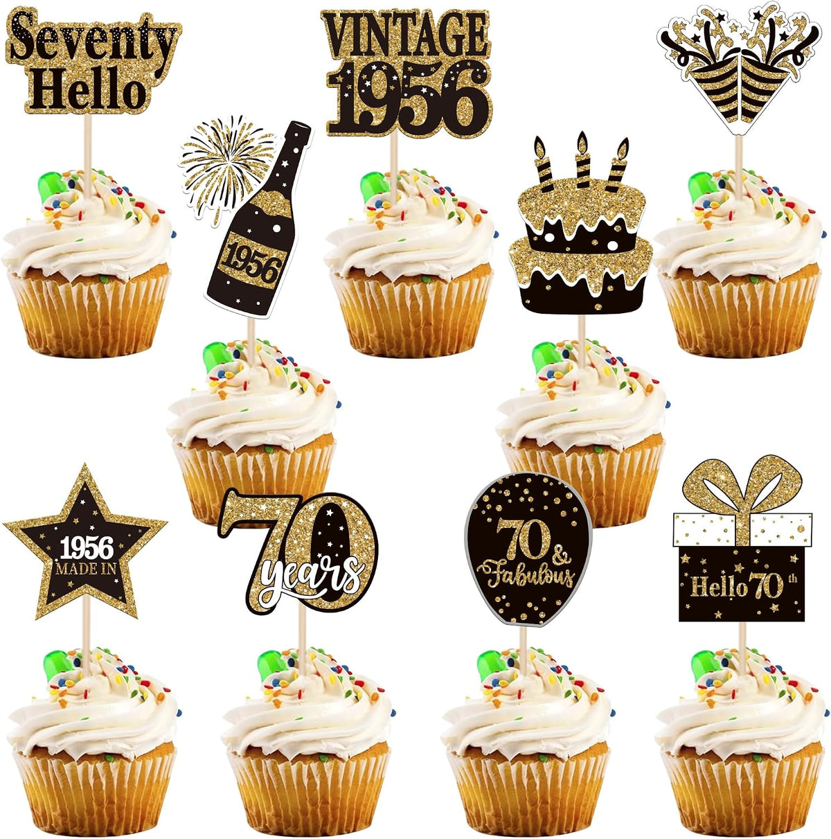 36PCS Happy 80th Birthday Cupcake Toppers Double Sided Black Gold - Vintage / 70th